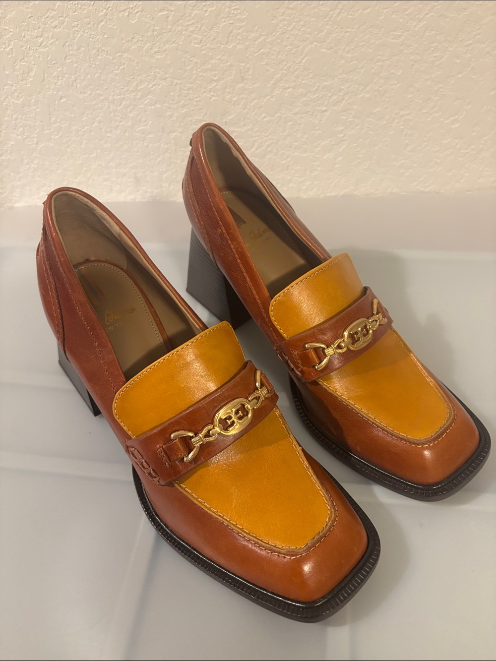 Sam Edelman Quincy Block Heel Loafers rust brown & mustard SZ 9 Leather Upper